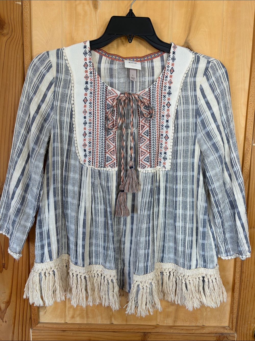 Knox Rose Blue & Cream Embroidered Fringe Tie-Front Tunic